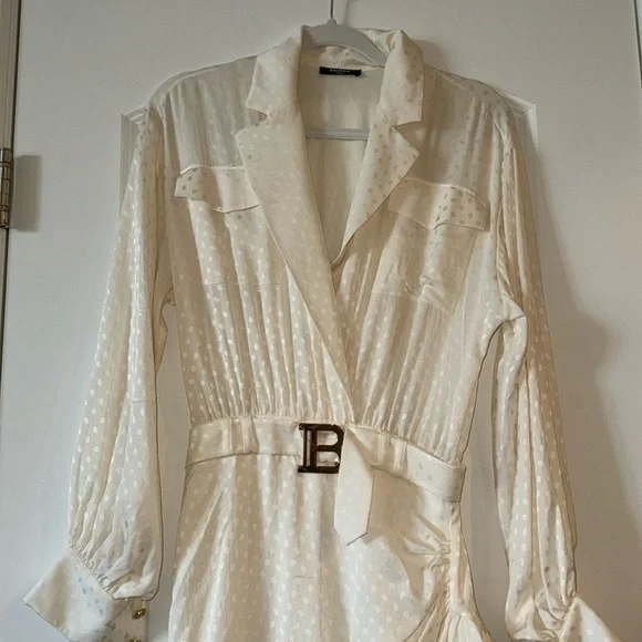 Balmain Rare Logo Plaque Belt Tonal Polka Dot Ruffle Hem Dress In White